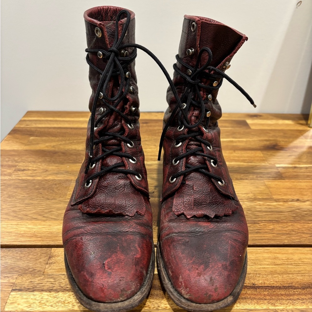Vintage Western Red Leather Lace-Up Boots